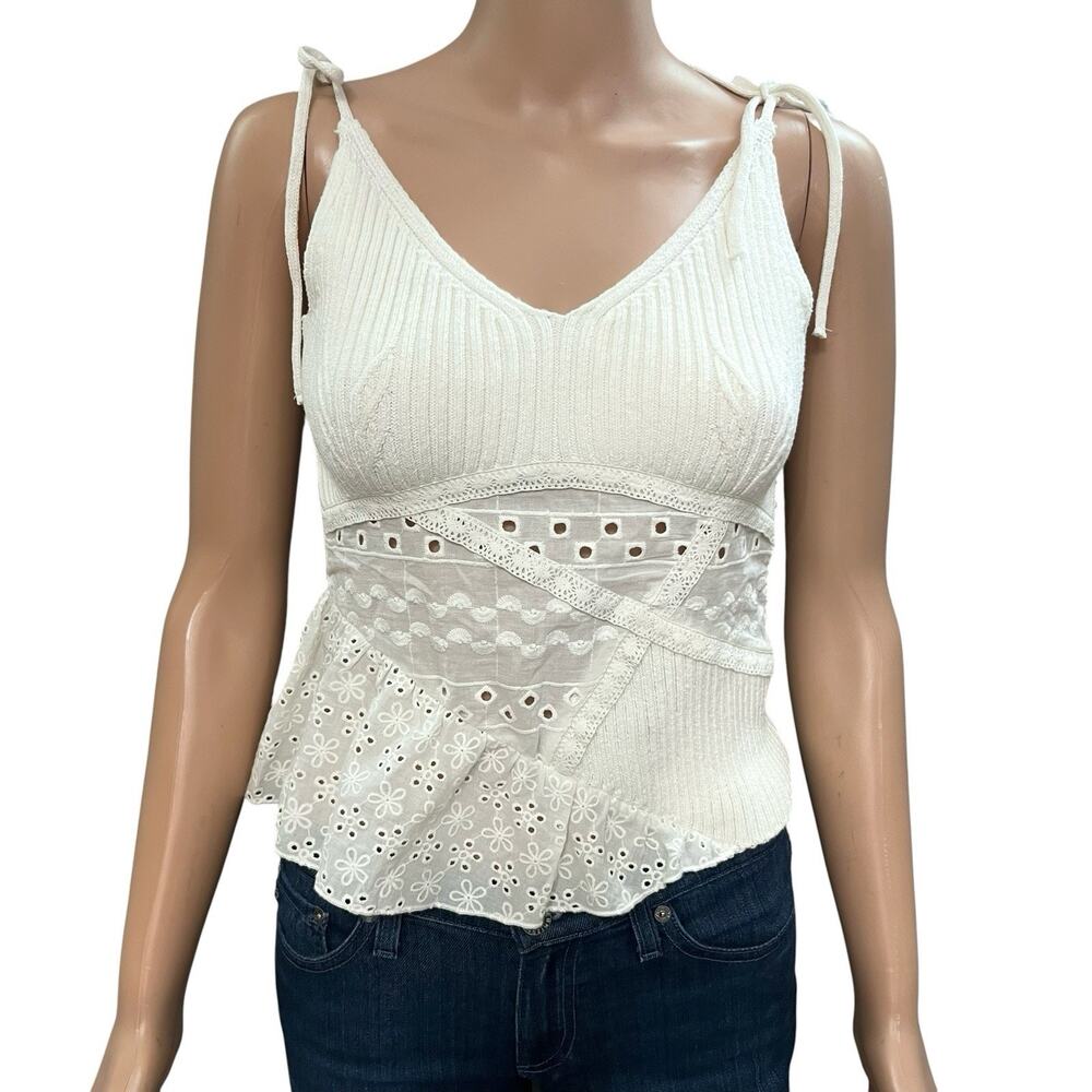 Zara Patchwork Knit Tank Top Small Tied Strap Asymmetrical Boho Eyelet White